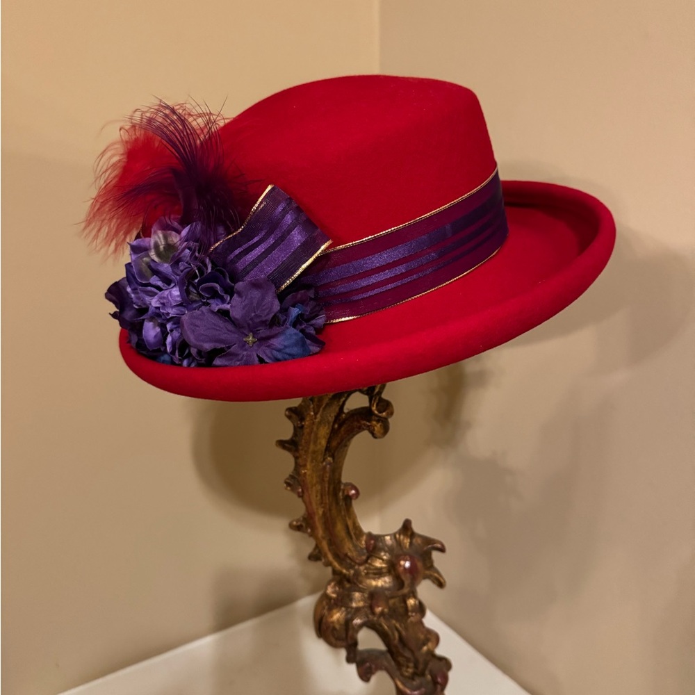 Scala Red Hat with Purple Ribbon and Feather, Vintage, Red Hat